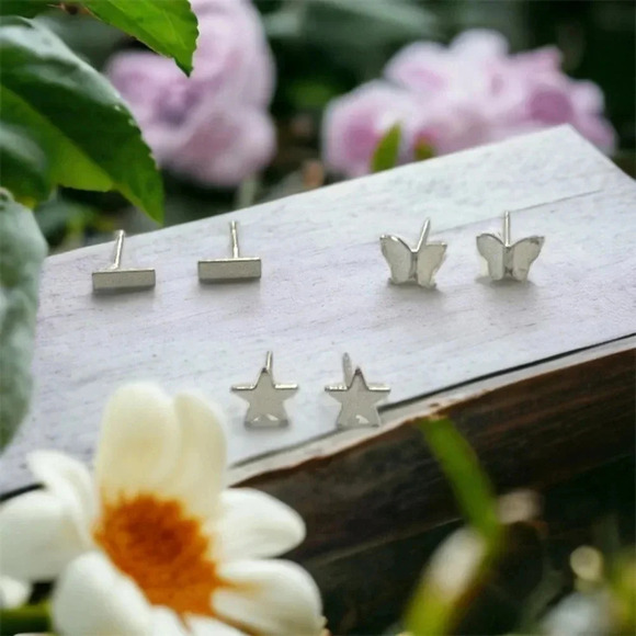 Silver Bohemian Mini Bar & Butterfly & Star Stud Earrings - Picture 11 of 12